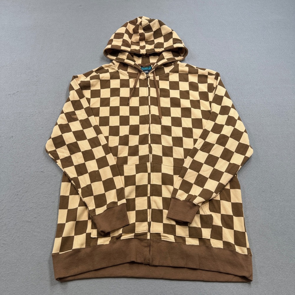 DELF Thermal Waffle Knit Hoodie Men's 3XL Brown Checkerboard Sweatshirt Y2K